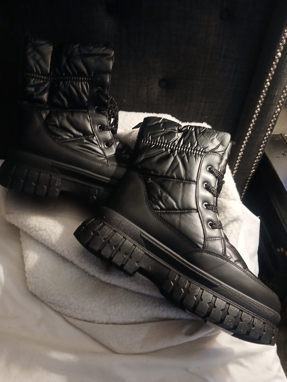 Chunky Black Quilted Lace Up Platform Boots 12